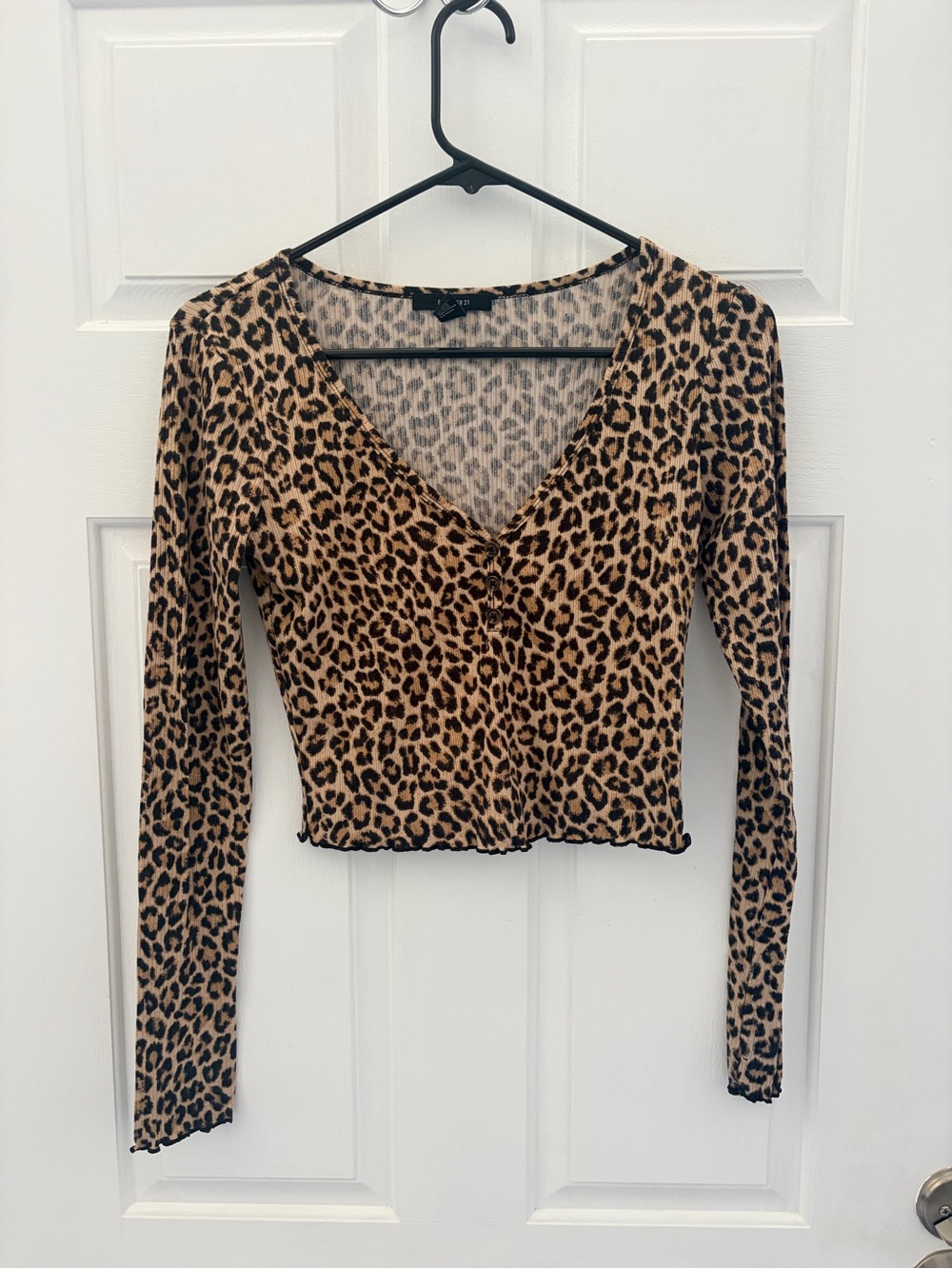 Forever 21 Leopard Print V-Neck Long Sleeve Top - Tan and Black